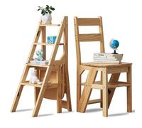 Step Ladder, Step Ladder, 4 Steps, Folding 2-in-1 Ladder and Chair Step Stool, Foldable Wooden Step Ladder, Household Stepladder, Maximum Load 180 kg, Suitable for Kitchen, Home, Libraries (Wood