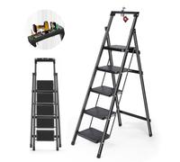 Step Ladder with Anti-Slip Pedal - Folding Step Stool with Tool Platform 500 LBS Portable Steel Ladder for Adults for Home Kitchen Library Office (C5-Black)