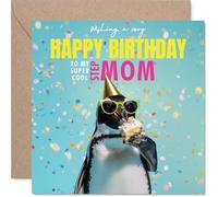 Step Mom Birthday Card - Bird-day Cake - Happy Birthday Card for Step Mom from Son Daughter, 145mm funny penguin Bday Greeting Cards