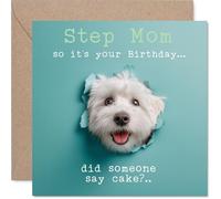 Step Mom Birthday Card - Did Someone Say Cake? - Happy Birthday Card for Step Mom from Son Daughter, 145mm cute dog humorous Bday Greeting Cards