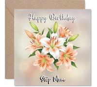 Step Mom Birthday Card - Floral Flowers - Happy Birthday Card for Step Mom from Son Daughter, 145mm Lilies Bday Greeting Cards