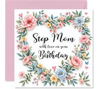 Step Mom Birthday Card - Flower Heart Wreath - Happy Birthday Card for Step Mom from Son Daughter, 145mm Flower Heart Wreath Bday Greeting Cards