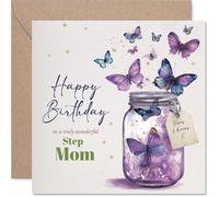 Step Mom Birthday Card - Jar of Butterflies - Happy Birthday Card for Step Mom from Son Daughter, 145mm Beautiful Natural Bday Greeting Cards