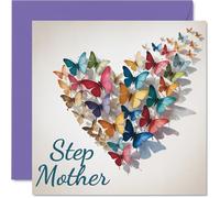 Step Mother Birthday Card - Elegant Butterfly Heart - Happy Birthday Card for Step Mother from Son Daughter, 145mm Beautiful Sentimental Bday Greeting Cards