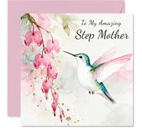 Step Mother Birthday Card - Hummingbird Wishes - Happy Birthday Card for Step Mother from Son Daughter, 145mm Pink Floral Illustration Bday Greeting Cards