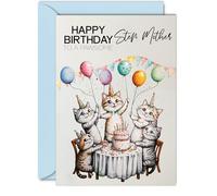 Step Mother Birthday Card - Pawsome Party Cats Balloons - Happy Birthday Card for Step Mother from Son Daughter, A5 Female Cat Bday Greeting Cards