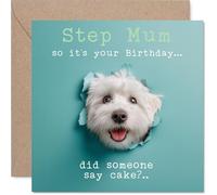 Step Mum Birthday Card - Did Someone Say Cake? - Happy Birthday Card for Step Mum from Son Daughter, 145mm cute dog humorous Bday Greeting Cards