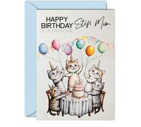 Step Mum Birthday Card - Pawsome Party Cats Balloons - Happy Birthday Card for Step Mum from Son Daughter, 5x7 Inch Female Cat Bday Greeting Cards