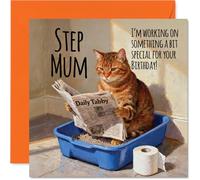 Step Mum Birthday Card - Working on Something Special - Happy Birthday Card for Step Mum from Son Daughter, 145mm Funny Cat Litter Tray Humour Bday Greeting Cards