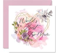 Step Mum Mothers Day Card - Worlds Best Step Mum - Love Heart Flowers Happy Mother's Birthday Card Step-Son Daughter, 145mm Floral Mothers Day Greeting Cards for Mom Mama Mam Mommy Mammy