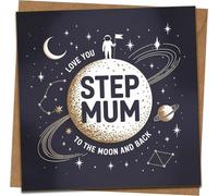 Step Mum Card - Love You to the Moon and Back - 145mm x 145mm - Astronaut Space Design - Blank Inside - Kraft Envelope Included - for Mother’s Day, Birthday, Thank You