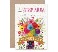 Step Mum Mothers Day Card - With Love - Happy Mothers Day Card for Step Mum from Son Daughter, A5 Floral Pattern Bday Greeting Cards