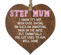 Step Mum Gifts from Daughter Son - Well Done - Best Step Mum Gifts, Presents for Step Mum, Hanging Wooden Heart Sign Plaque, Birthday Gifts for Mum Gift, Mothers Day - Dark Wood Hearts Sign
