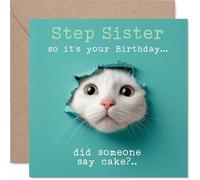 Step Sister Birthday Card - Catty Cake Catty Cake - Happy Birthday Card for Step Sister from Brother Sibling, 145mm cute cat humorous Bday Greeting Cards