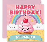 Step Sister Birthday Card - Fairy Cake - Happy Birthday Card for Step Sister from Brother Sibling, 145mm Fairy Cake Bday Greeting Cards