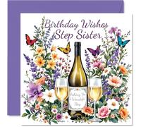 Step Sister Birthday Card - Flowers & Wine - Happy Birthday Card for Step Sister from Brother Sibling, 145mm Flowers & Wine Bday Greeting Cards