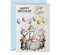 Step Sister Birthday Card - Pawsome Party Cats Balloons - Happy Birthday Card for Step Sister from Brother Sister, 5x7 Inch Female Cat Bday Greeting Cards