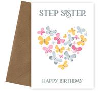 Step Sister Birthday Card with Butterfly Heart | Female Happy Birthday Card for Any Age, Step Sister Bday Cards, Multicoloured
