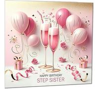 Step Sisters Womens Pink Fizz Design - Elegant Pink & Gold Birthday Cards for Step Sister