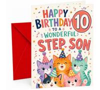 Step Son 10th Birthday Card Party Cats in Hats & Confetti | Large A5 Card with Printed Inside Message; Colourful party-cat with confetti for Step Son 10th Birthday