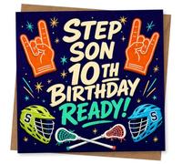 Step Son 10th Birthday Card, Sports-Themed Birthday Card for Step Son, Fun 10th Greeting with Helmet and Lacrosse Design