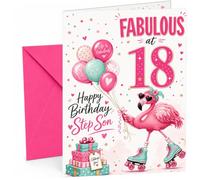 Step Son 18th Birthday Card Flamingo on Roller Skates | Large A5 Card with Printed Inside Message; Playful pink flamingo on roller skates with balloons for Step Son 18th Birthday