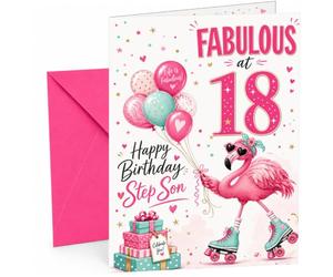Step Son 18th Birthday Card Flamingo on Roller Skates | Large A5 Card with Printed Inside Message; Playful pink flamingo on roller skates with balloons for Step Son 18th Birthday