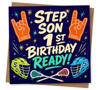 Step Son 1st Birthday Card - Fun Lacrosse Sports Design with Bold Typography for Step Son's First Birthday Celebration