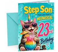 Step Son 23rd Birthday Card Meowgical Unicorn Cat Cocktail | Large A5 Card with Printed Inside Message; Teal, confetti-filled for Step Son 23rd Birthday