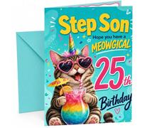 Step Son 25th Birthday Card Unicorn Cat Rainbow Cocktail | Large A5 Card with Printed Inside Message; Teal confetti for Step Son 25th Birthday