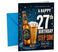 Step Son 27th Birthday Card Beer Bottle & Pint Glass Stars | Large A5 Card with Printed Inside Message; Dark blue starry confetti with a beer bottle for Step Son 27th Birthday