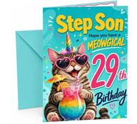 Step Son 29th Birthday Card Meowgical Unicorn Cat Cocktail | Large A5 Card with Printed Inside Message; Teal confetti for Step Son 29th Birthday