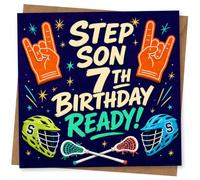 Step Son 7th Birthday Card, Fun Sports-Themed Greeting Card for Step Son Age 7, Rock Hand Design and Lacrosse Artwork