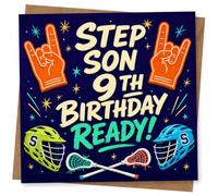 Step Son 9th Birthday Card, Fun Lacrosse Sports Design for Step Son, Birthday Celebration Greeting Card