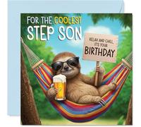 Step Son Birthday Card - Chilled Out Sloth - Happy Birthday Card for Step Son from Dad Mum, 145mm Bright and Colourful Bday Greeting Cards