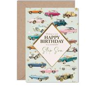 Step Son Birthday Card - Classic Cars - Happy Birthday Card for Step Son from Dad Mum, 5x7 Inch Vintage Motors Bday Greeting Cards