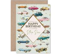 Step Son Birthday Card, Classic Cars | Happy Birthday Card for Step Son from Mum or Dad, A5 Vintage Motors Bday Greeting Cards