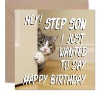 Step Son Birthday Card - Cute Cat Peekaboo - Happy Birthday Card for Step Son from Dad Mum, 145mm Lovable Kitty Bday Greeting Cards
