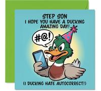 Step Son Birthday Card - Ducking Amazing - Happy Birthday Card for Step Son from Dad Mum, 145mm Autocorrect Joke, Cartoon Duck with Phone Bday Greeting Cards