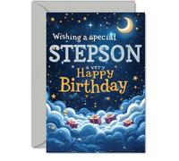 Step Son Birthday Card - Starry Night Moon Clouds - Happy Birthday Card for Step Son from Dad Mum, A5 Male Bday Greeting Cards