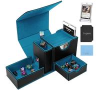Stepane MTG Deck Box for Commander Display with Dice Tower, Fits 100 Double-Sleeved Cards for TCG/PTCG, Multifunctional Card Storage Box, with a 35PT Magnetic Card Holder (Black Cyan)