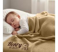 Stepdiy Custom Knit Blanket with Name for Baby Boys Girls, 100% Cotton Personalised Embroidered Blanket for Newborn, 80x100cm Customised Blanket for Baby Shower Baby's First (Camel)