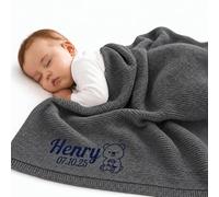 Stepdiy Custom Knit Blanket with Name for Baby Boys Girls, Personalised Embroidered Blanket for Newborn, 80x100cm Customised Blanket for Baby Shower Baby's First (Gray)