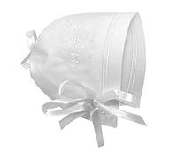Stephan Baby Bonnets - White Cotton Christening Bonnet with Cutwork Embroidered Cross and Satin Bows, One Size, Straight Hem