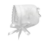 Stephan Baby Bonnets - White Cotton Christening Bonnet with Cutwork Embroidered Cross and Satin Bows, One Size, Scalloped Hem