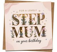 Stepmum Birthday Card - For a Lovely Step Mum, Floral Design, 145mm x 145mm Square Greeting Card with Kraft Envelope, Blank Inside