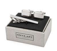 Stepped Edge Rectangular Cufflinks & Tie Bar Clip Set for Men Business Wedding Formal Shirt Accessory Gift, Polished, Onyx Art TBC84, In Premier Life Store Box