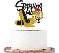 Stepping Into 50th Cake Topper, 50 & Fabulous Cake Decor, Happy 50th Birthday Party Decoration Supplies Photo Booth Props - Gold Glitter