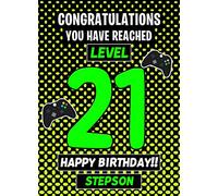 Stepson 21st Birthday Card (Level Up Gamer) - From Mum Dad Greeting Blank Inside Envelope Included Gift Idea UK