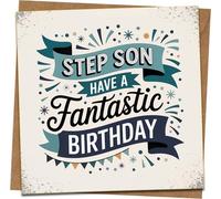 Stepson Birthday Card - Have a Fantastic Birthday - 145mm x 145mm - Kraft Envelope - Modern Blue Confetti Design - Happy Birthday Card for Step Son